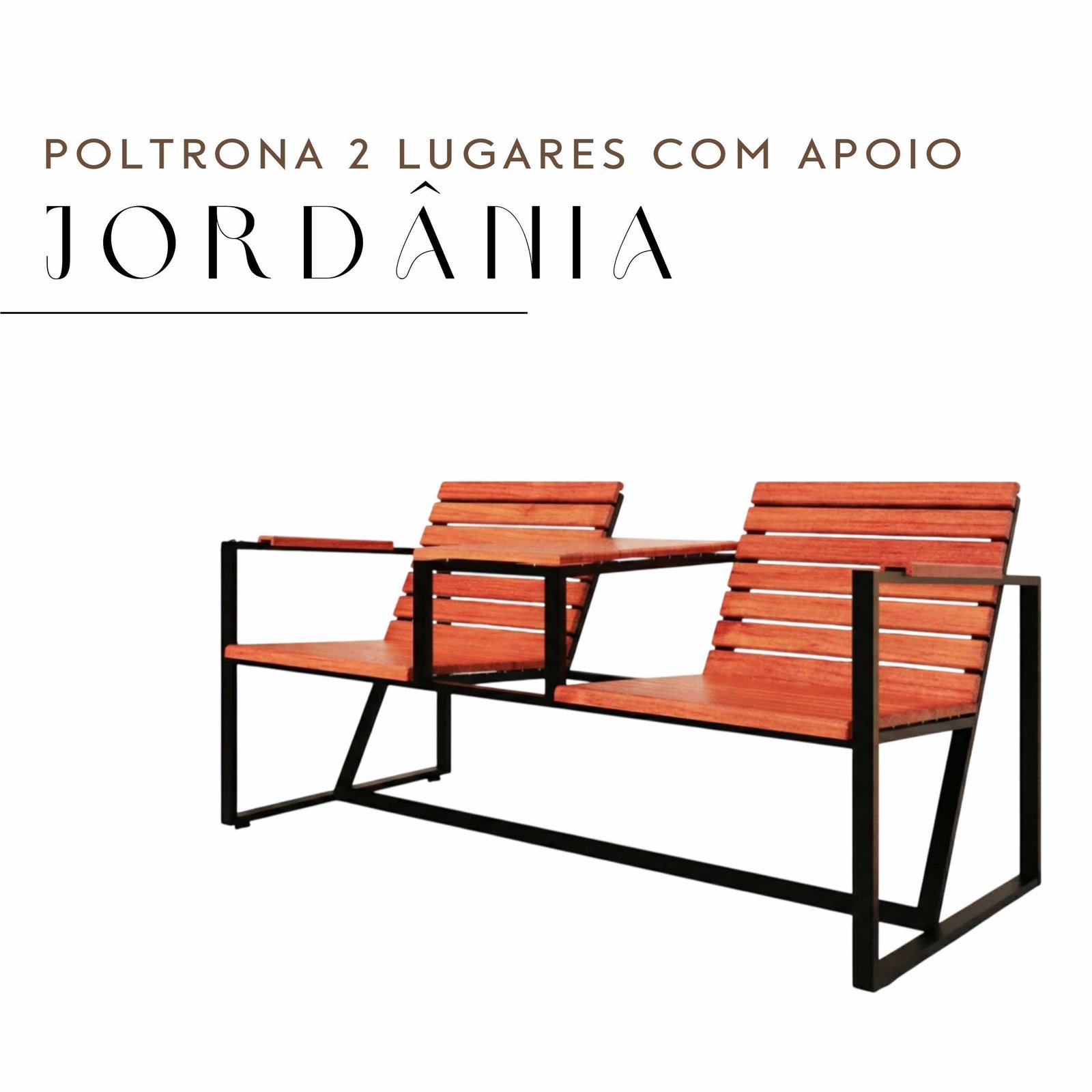 Poltrona Jordânia Com Apoio De 2 Lugares de Aço com Madeira Maciça Rústica de Demolição