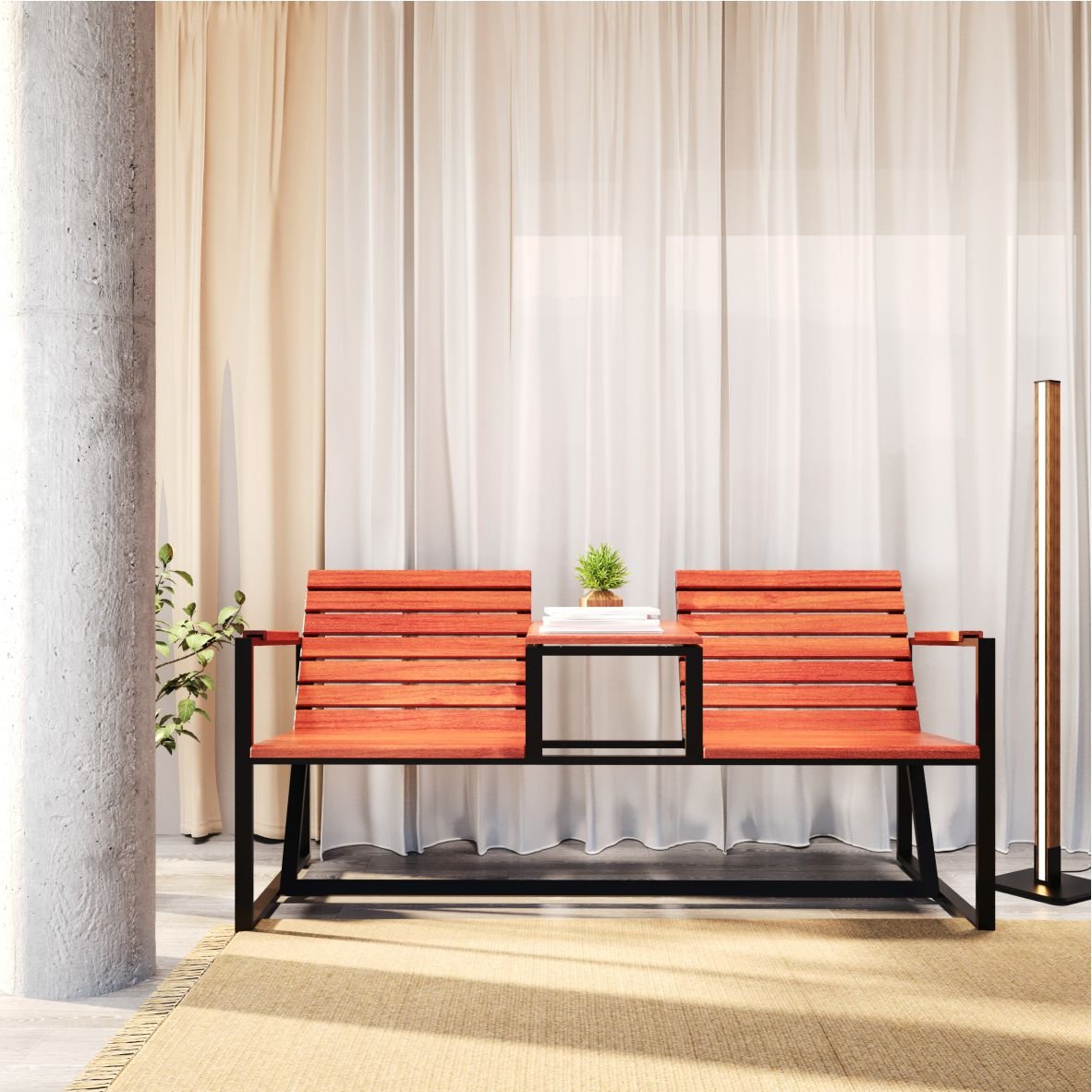 Poltrona Jordânia Com Apoio De 2 Lugares de Aço com Madeira Maciça Rústica de Demolição