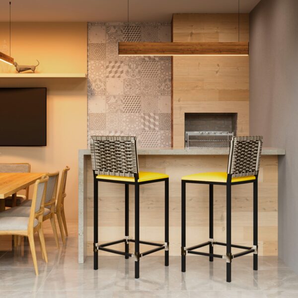 Banqueta Turquia Preta Corino Amarelo Junco Cappuccino - Imagem 6