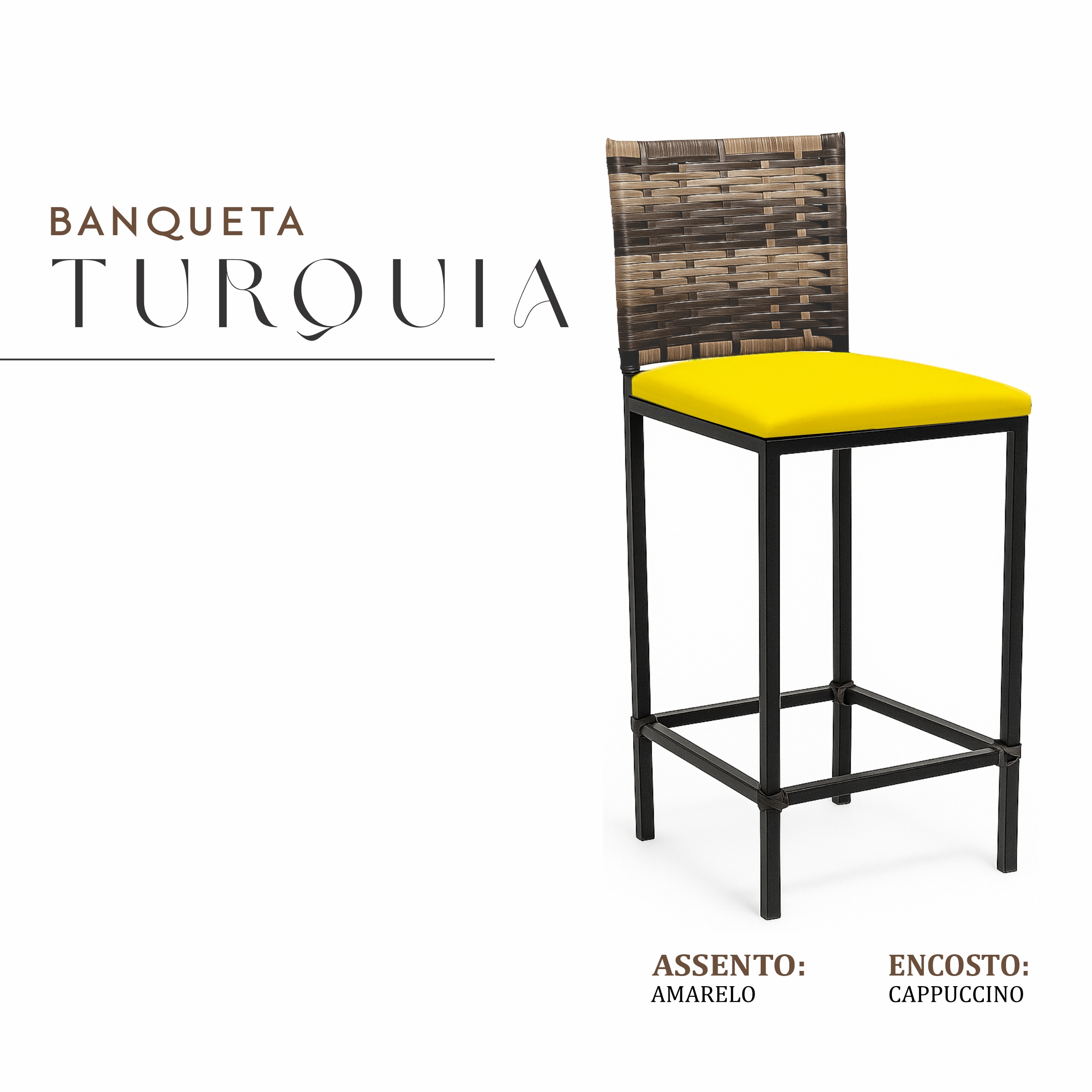 Banqueta Turquia Preta Corino Amarelo Junco Cappuccino