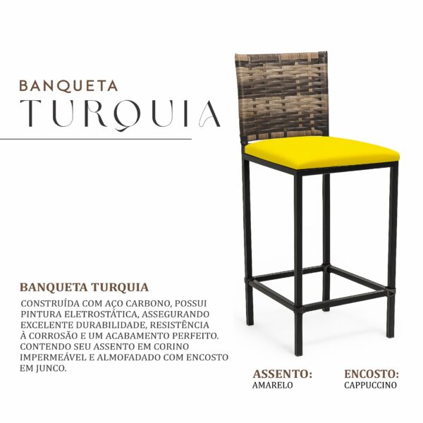 Banqueta Turquia Preta Corino Amarelo Junco Cappuccino - Imagem 2