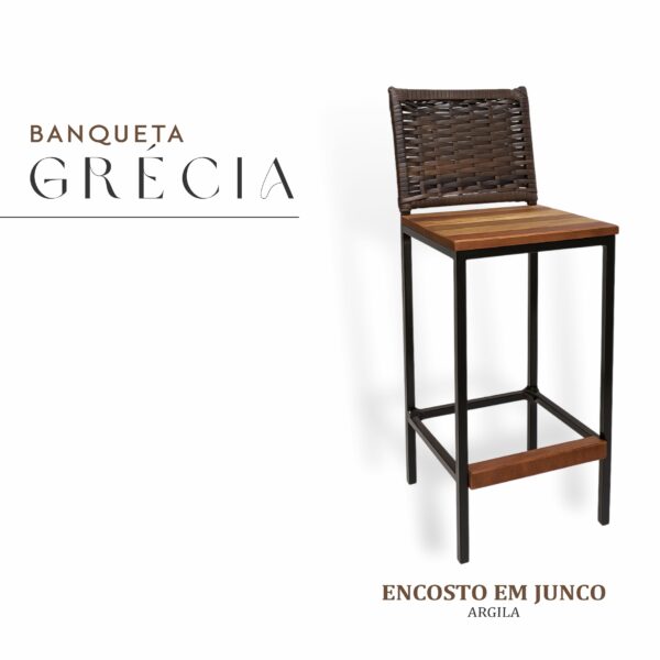 Banqueta Grécia Preta Junco Argila de Aço com Madeira Maciça Rústica de Demolição