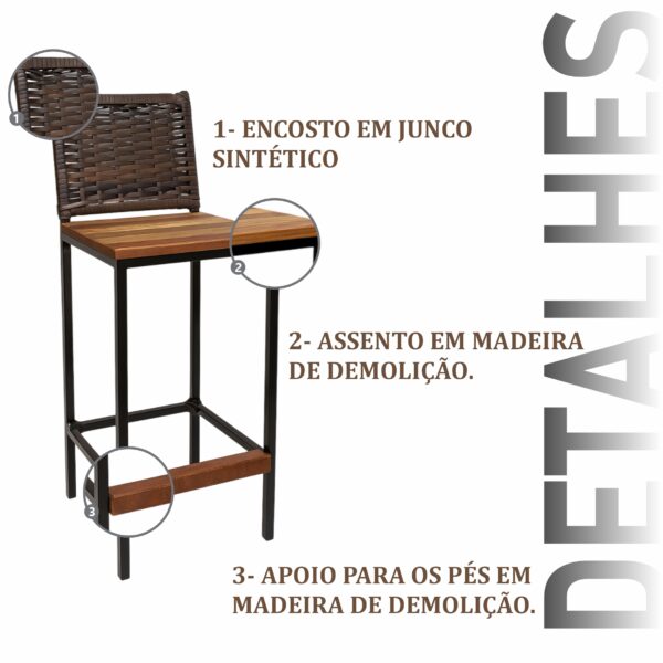 Banqueta Grécia Preta Junco Argila de Aço com Madeira Maciça Rústica de Demolição - Imagem 4