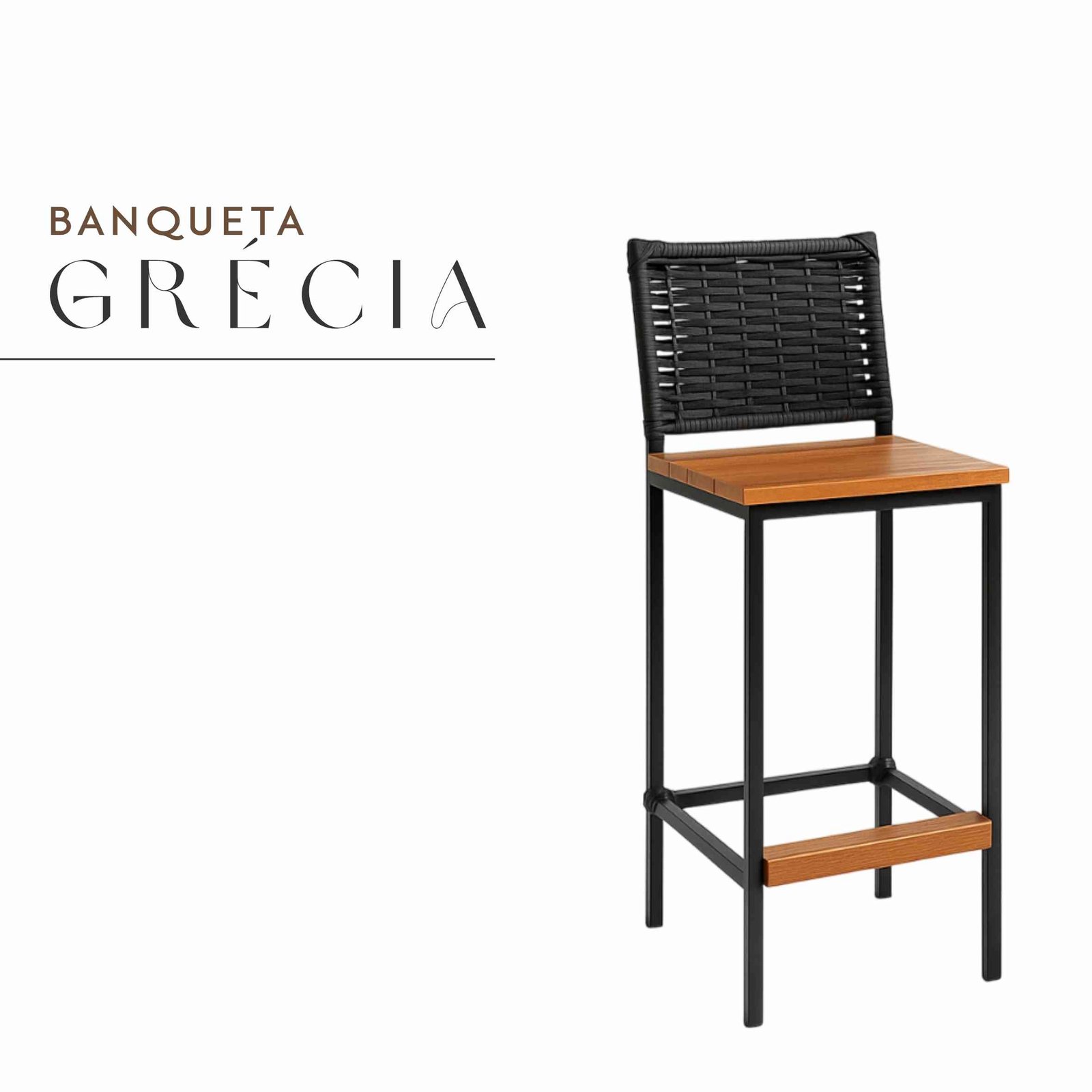 Banqueta Grécia Preta de Aço com Madeira Maciça Rústica de Demolição