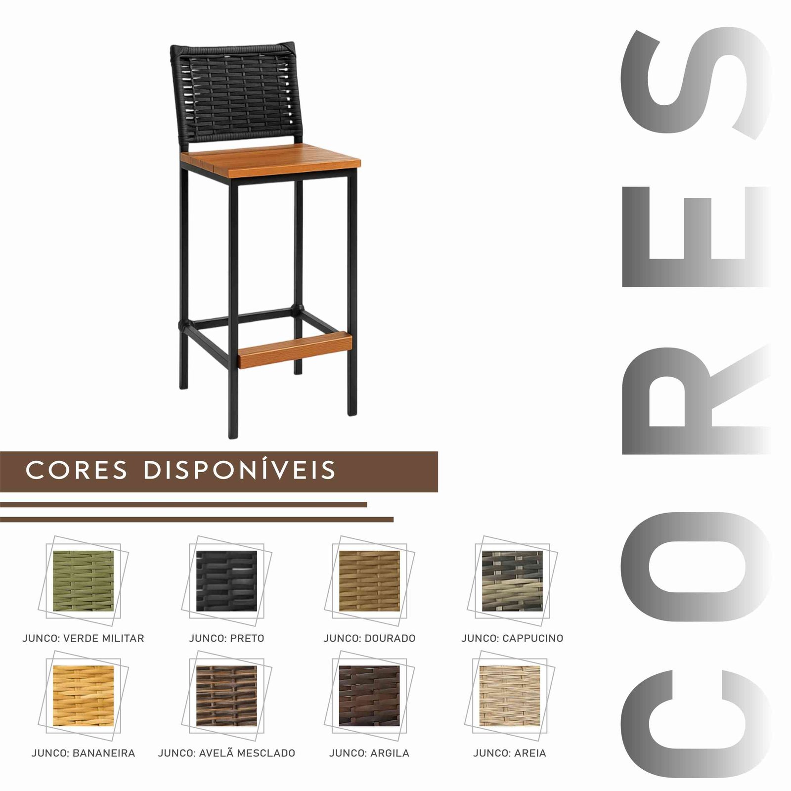 Banqueta Grécia Preta de Aço com Madeira Maciça Rústica de Demolição