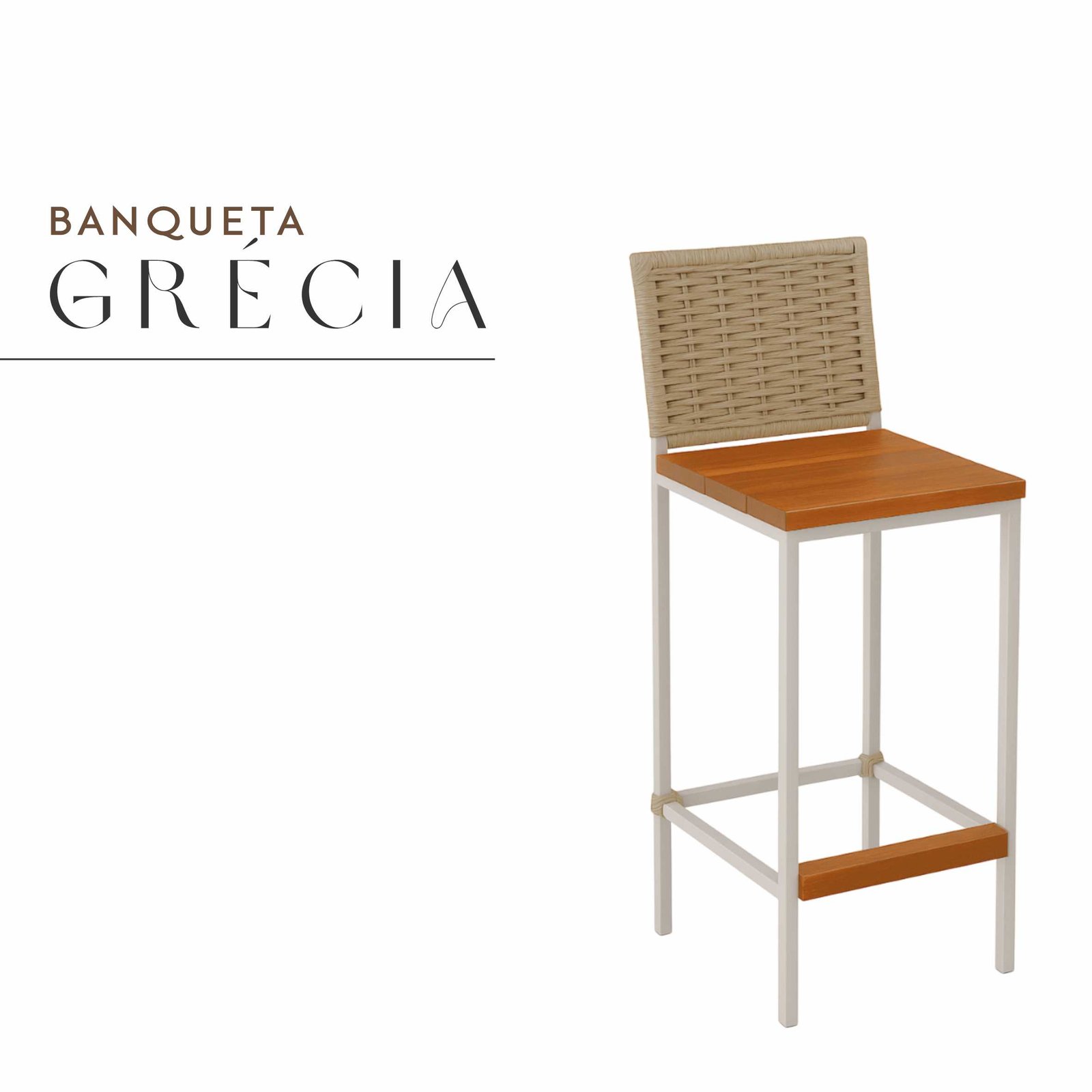 Banqueta Grécia Branca de Aço com Madeira Maciça Rústica de Demolição