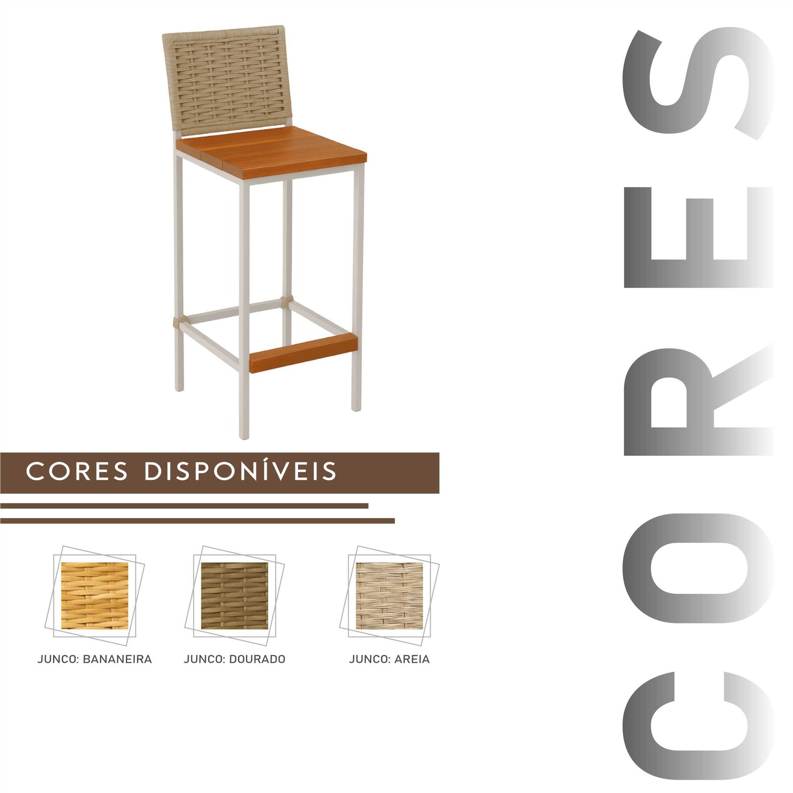 Banqueta Grécia Branca de Aço com Madeira Maciça Rústica de Demolição