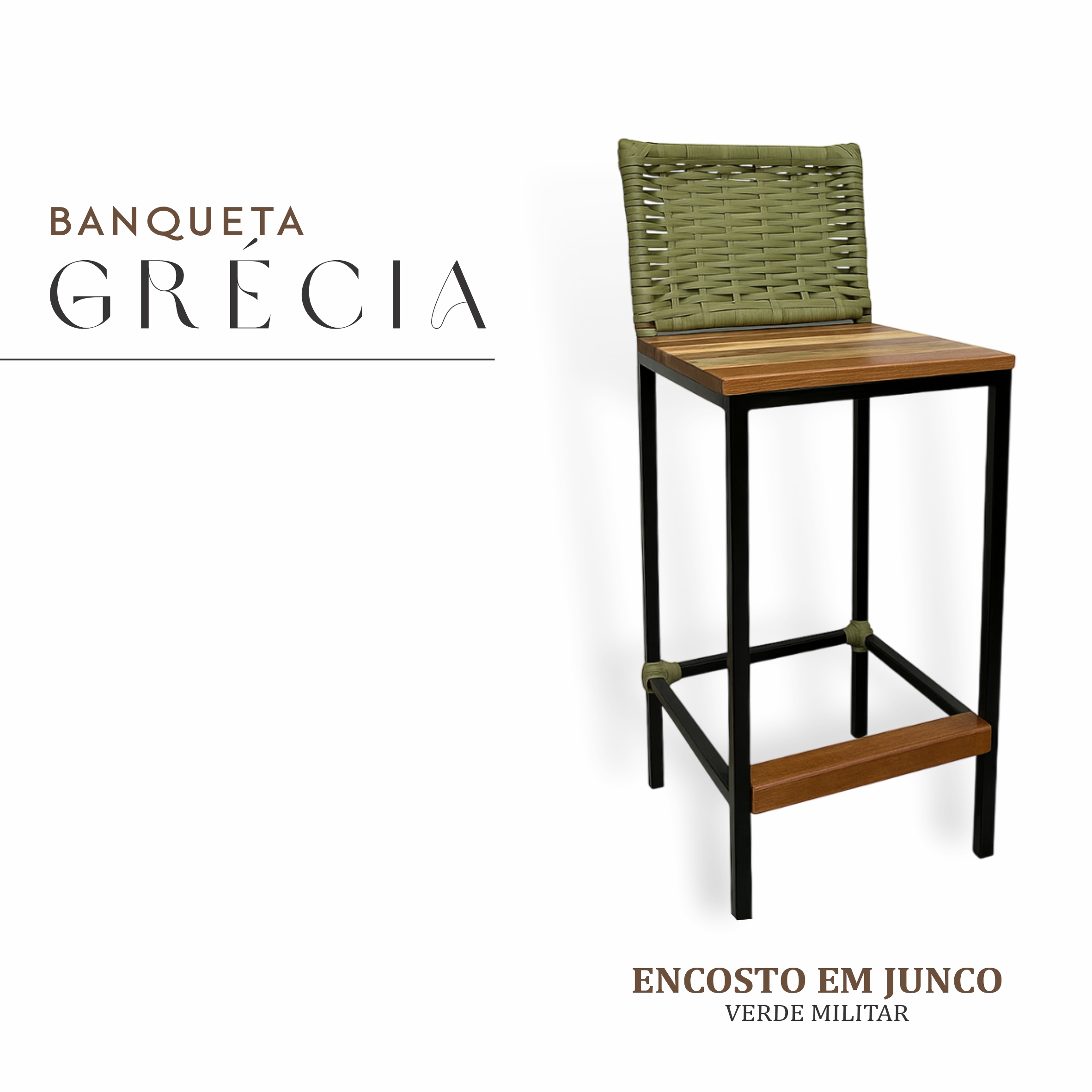 Banqueta Grécia Preta Junco Verde Militar
