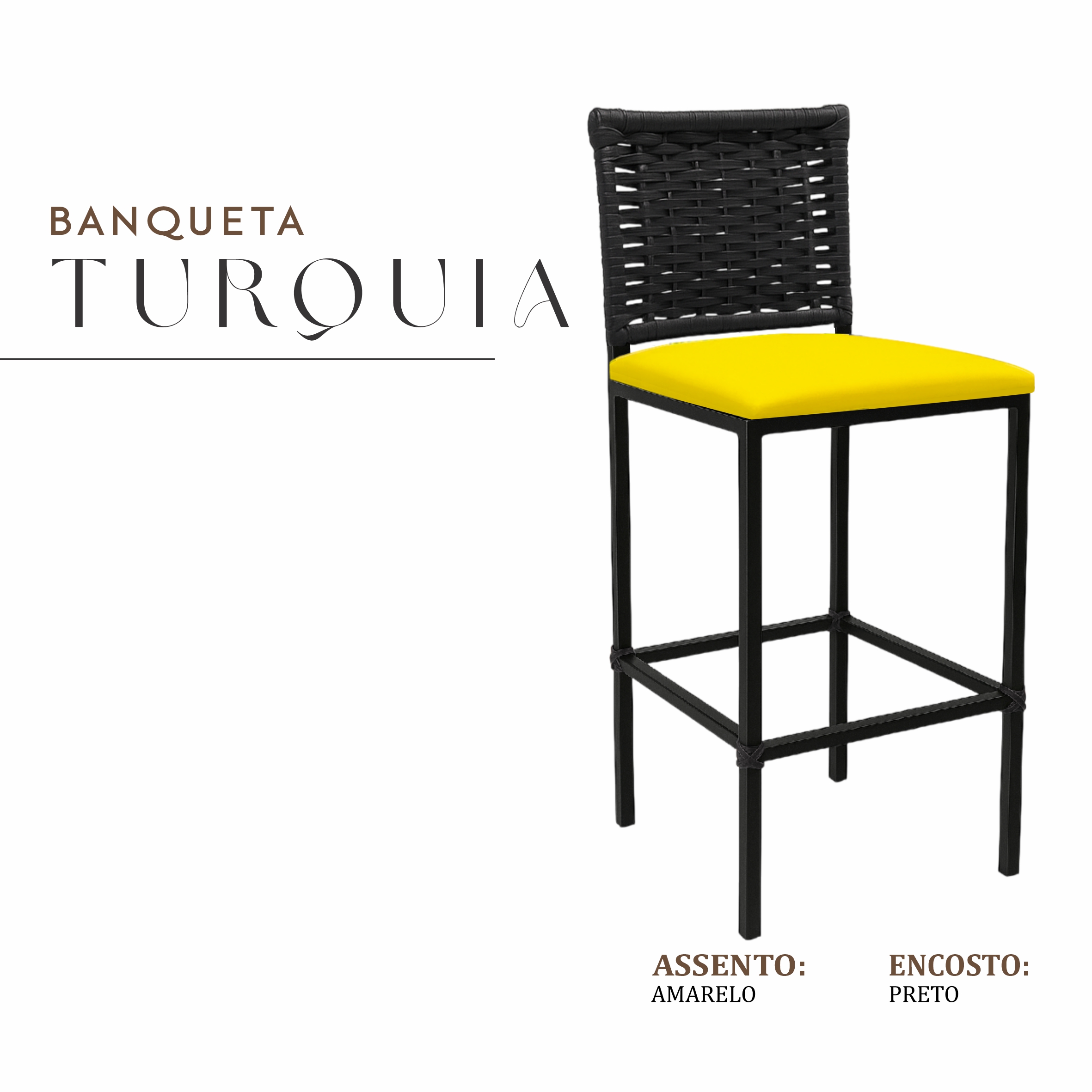 Banqueta Turquia Preta Corino Amarelo Junco Preto