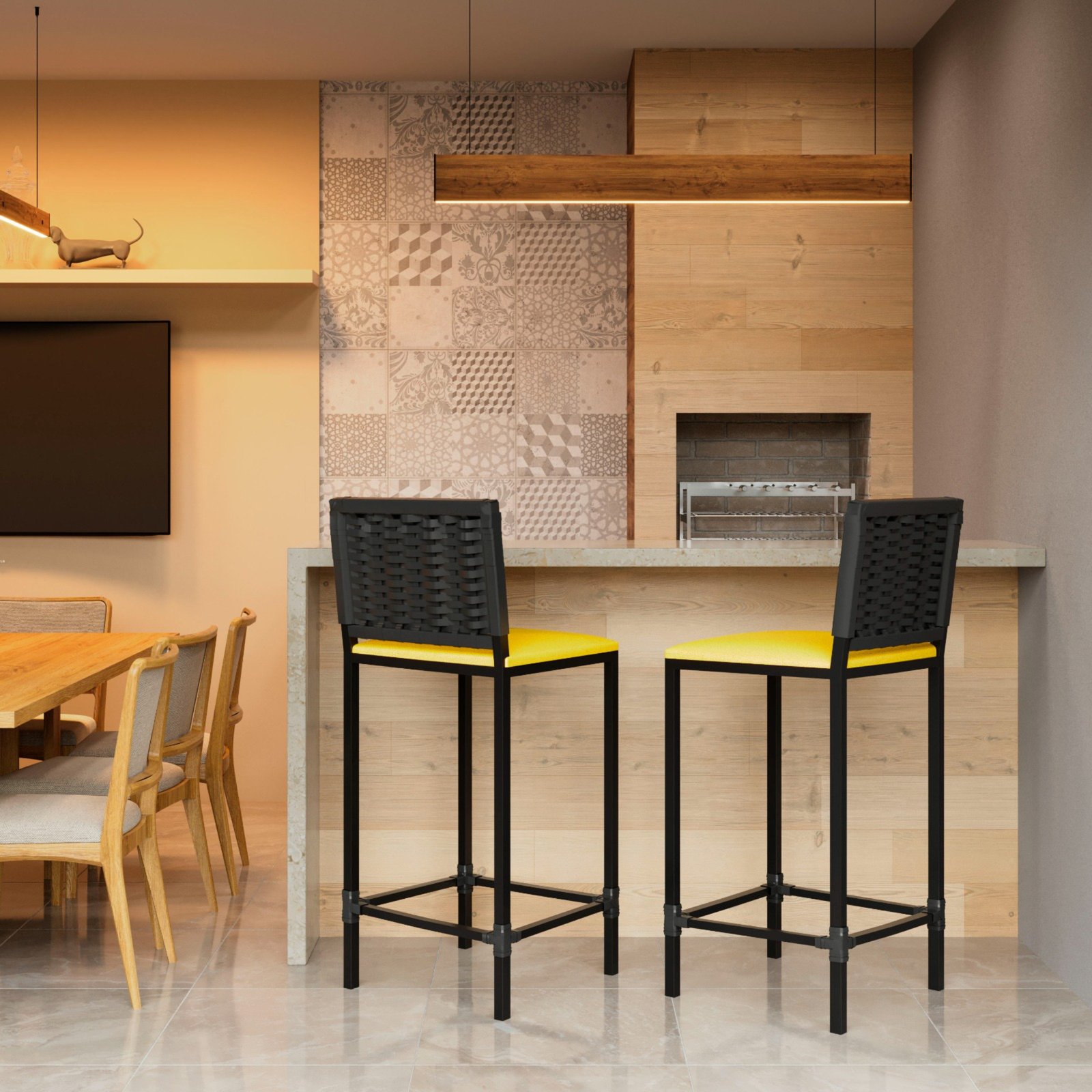 Banqueta Turquia Preta Corino Amarelo de Aço com Pintura Eletrostática