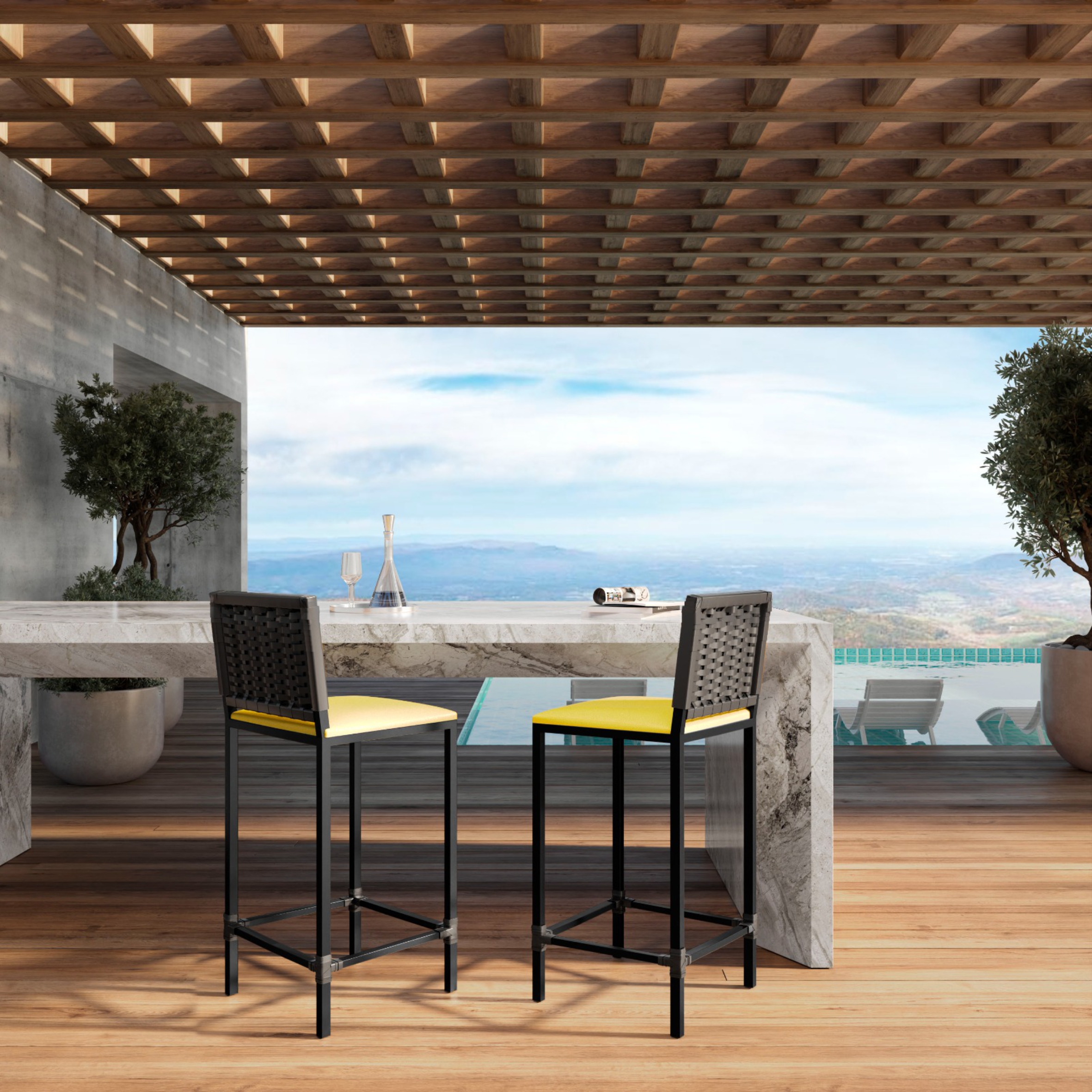 Banqueta Turquia Preta Corino Amarelo Junco Preto