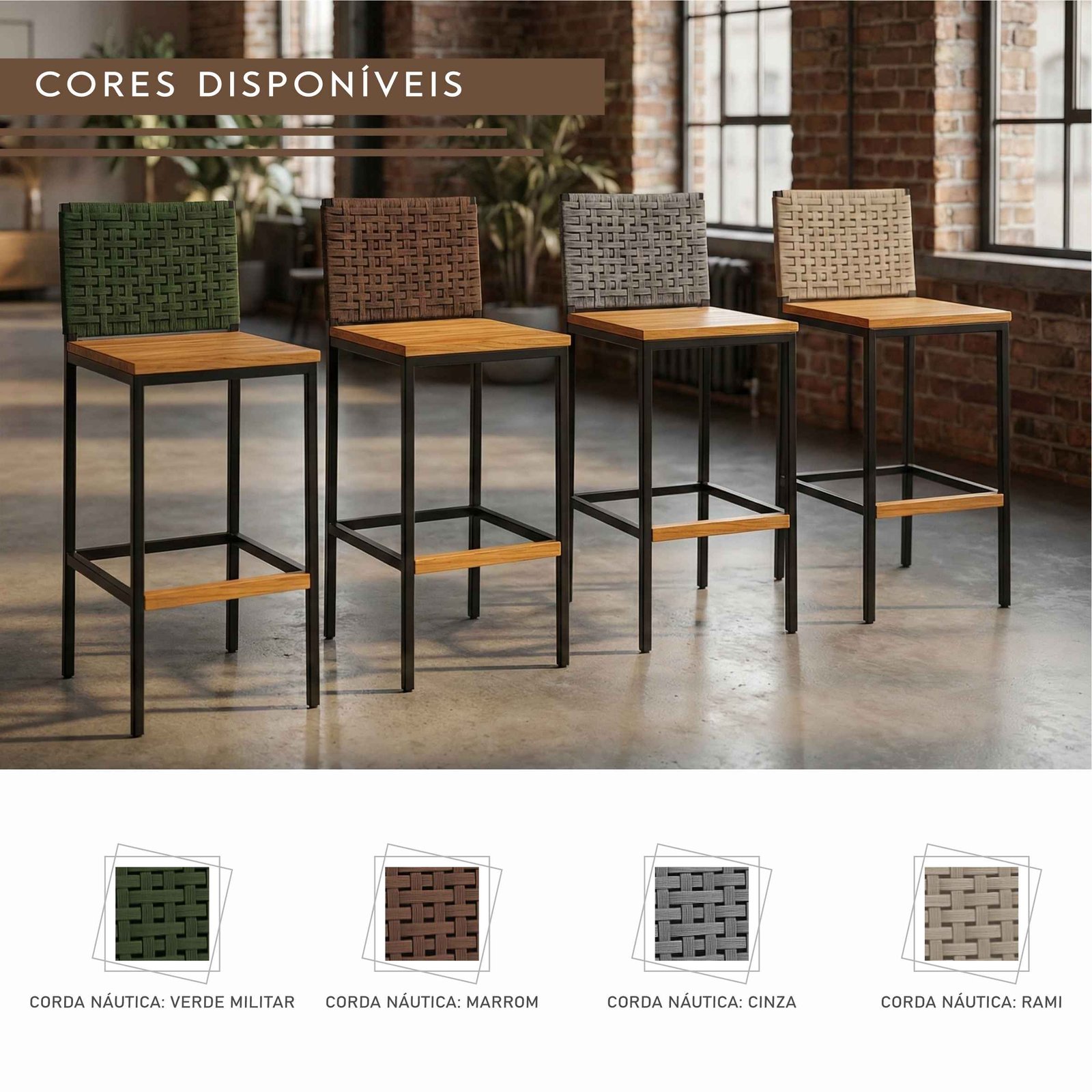 Banqueta Elite Corda Náutica de Aço com Madeira Maciça Rústica de Demolição