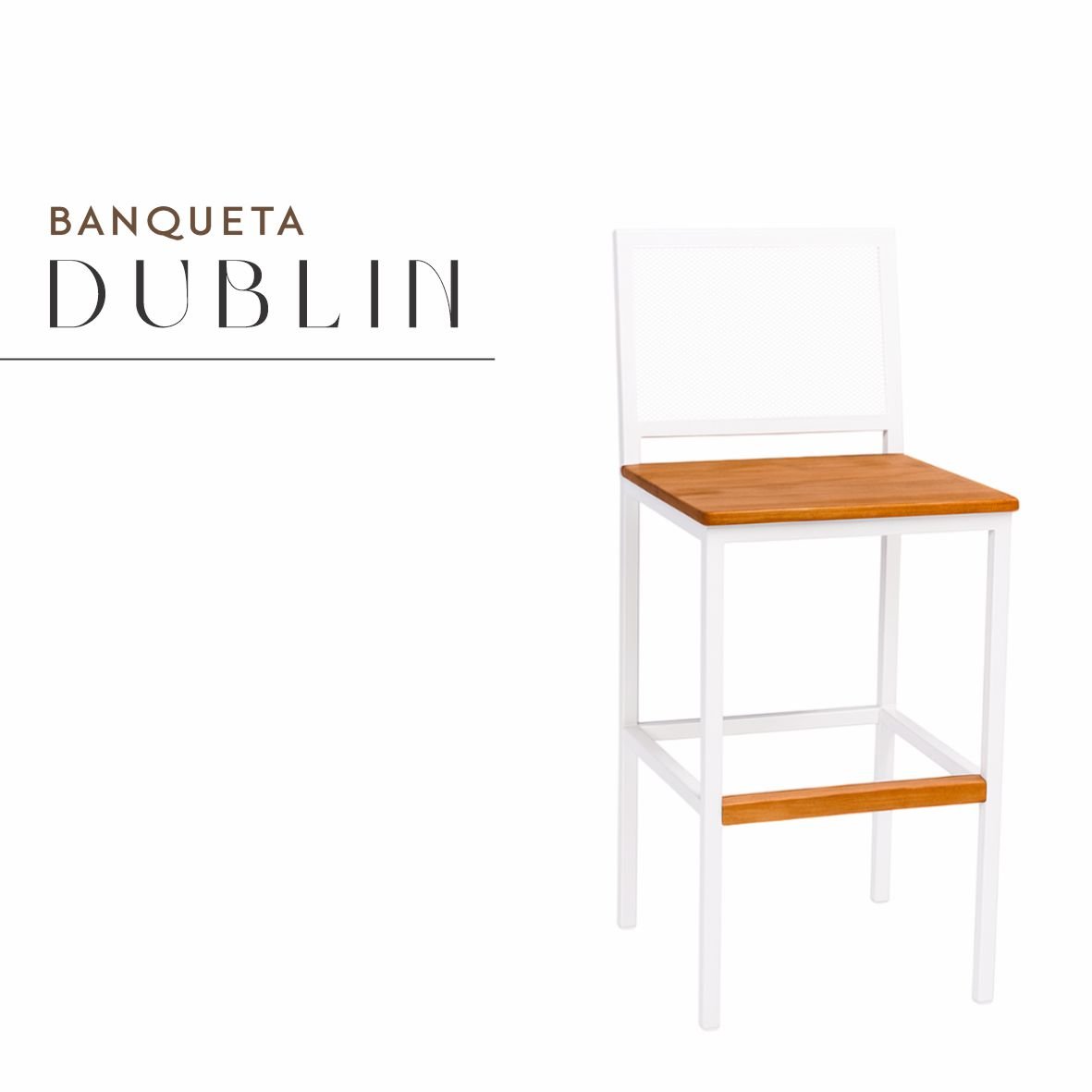 Banqueta Dublin Branca de Aço com Madeira Maciça Rústica de Demolição