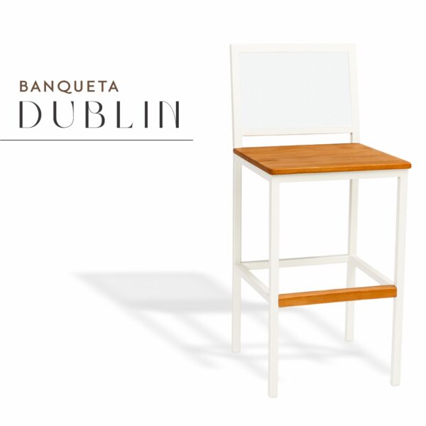 Banqueta Dublin Branca de Aço com Madeira Maciça Rústica de Demolição