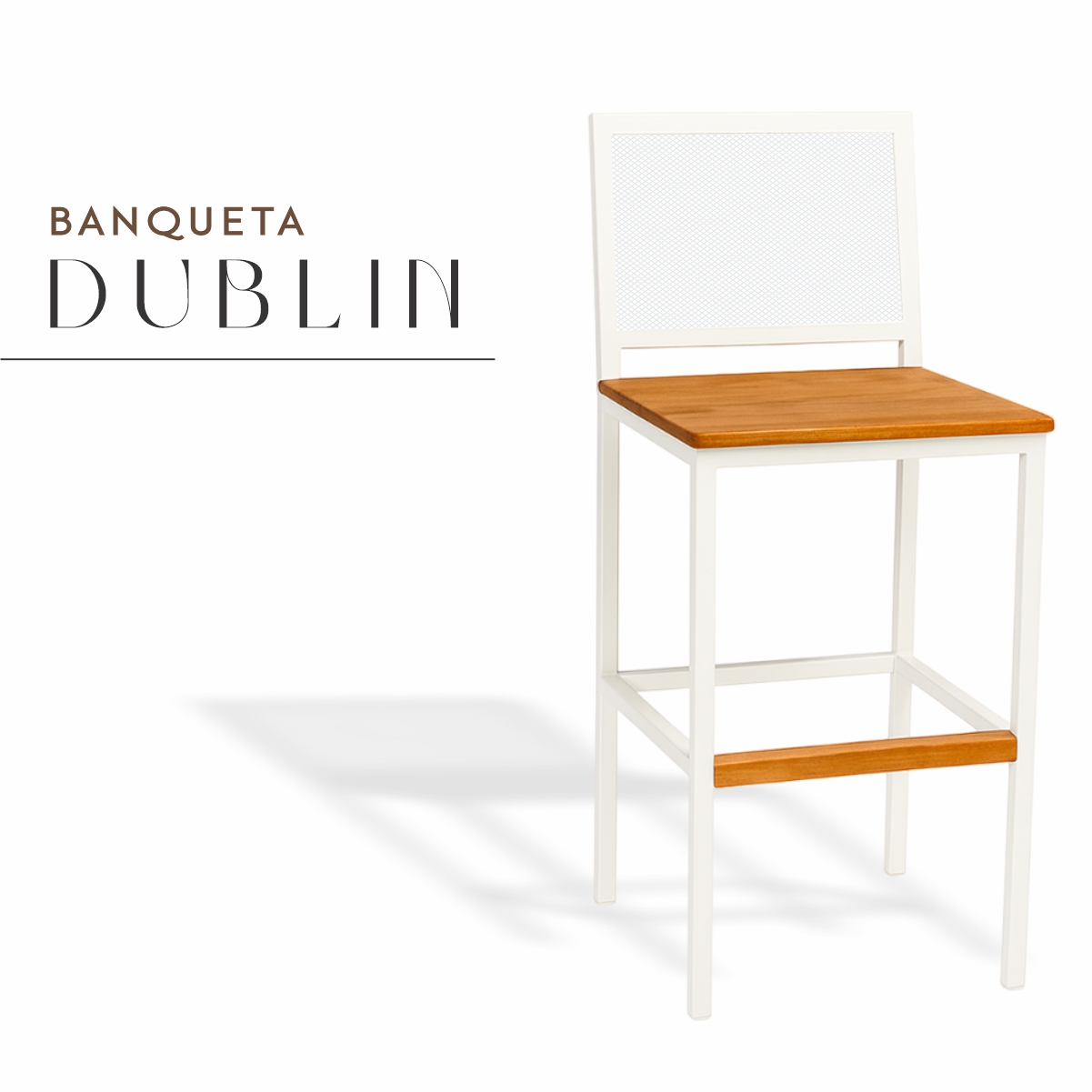 Banqueta Dublin Branca de Aço com Madeira Maciça Rústica de Demolição
