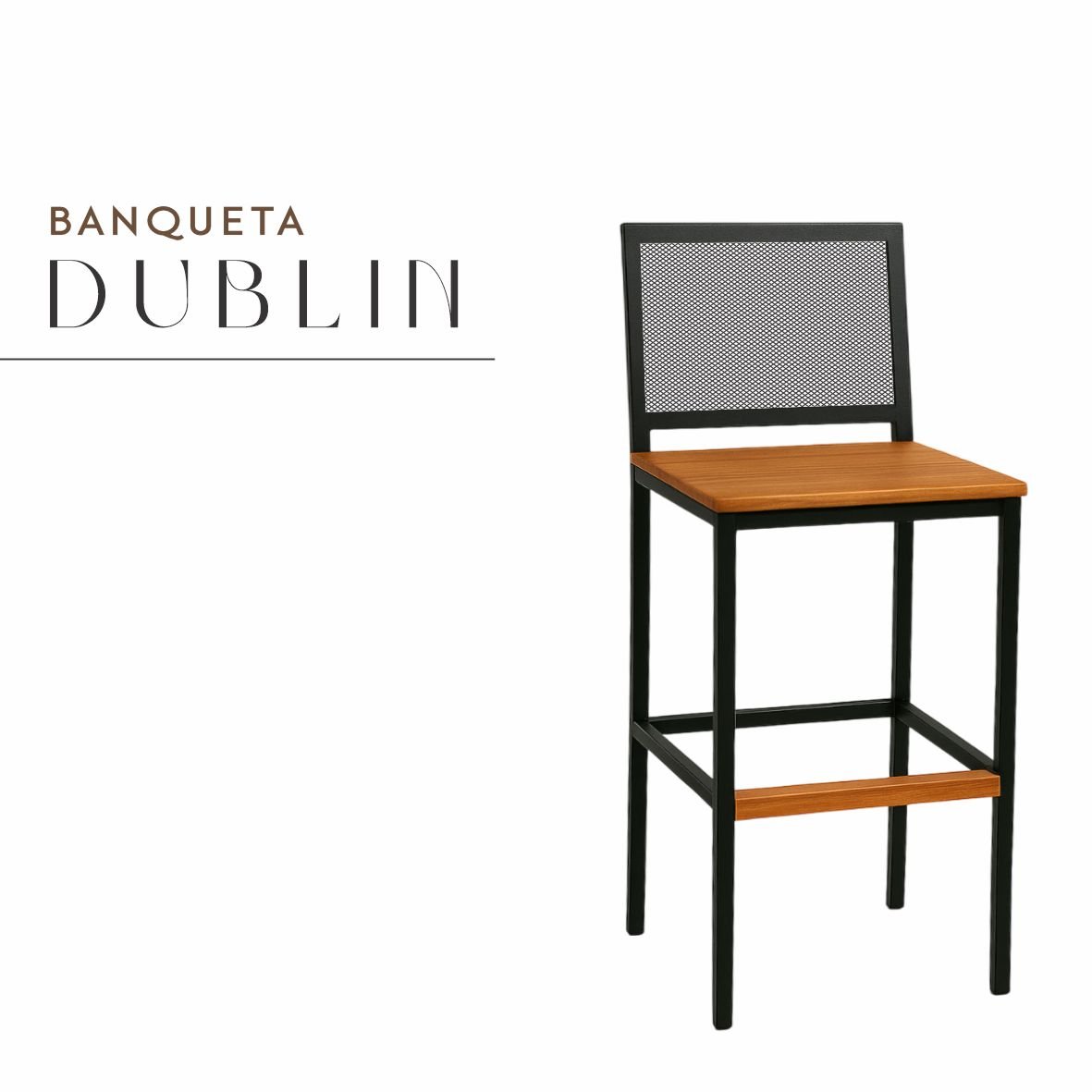 Banqueta Dublin Preta de Aço com Madeira Maciça Rústica de Demolição