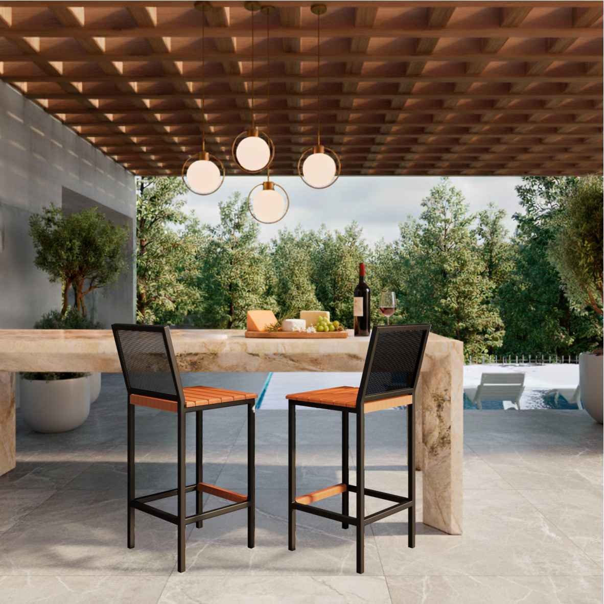 Banqueta Dublin Preta de Aço com Madeira Maciça Rústica de Demolição