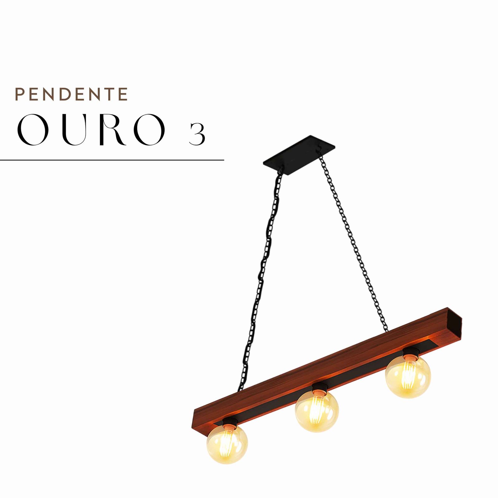 Pendente Ouro 3 Lâmpadas Rosca E27 de Madeira Maciça Rústica de Demolição