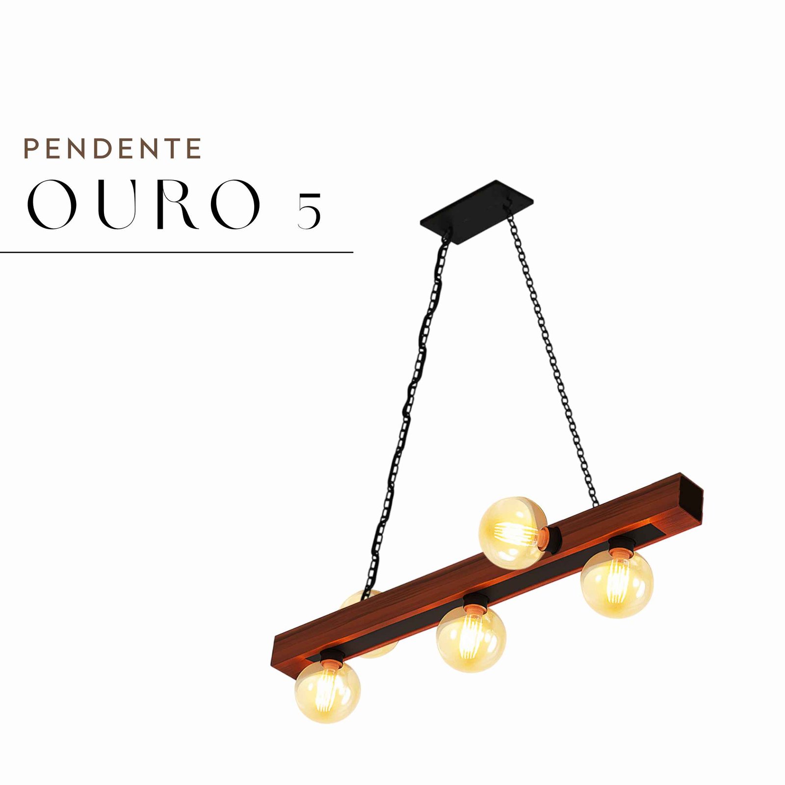 Pendente Ouro 5 Corrente Lâmpadas Rosca E27 de Madeira Maciça Rústica de Demolição