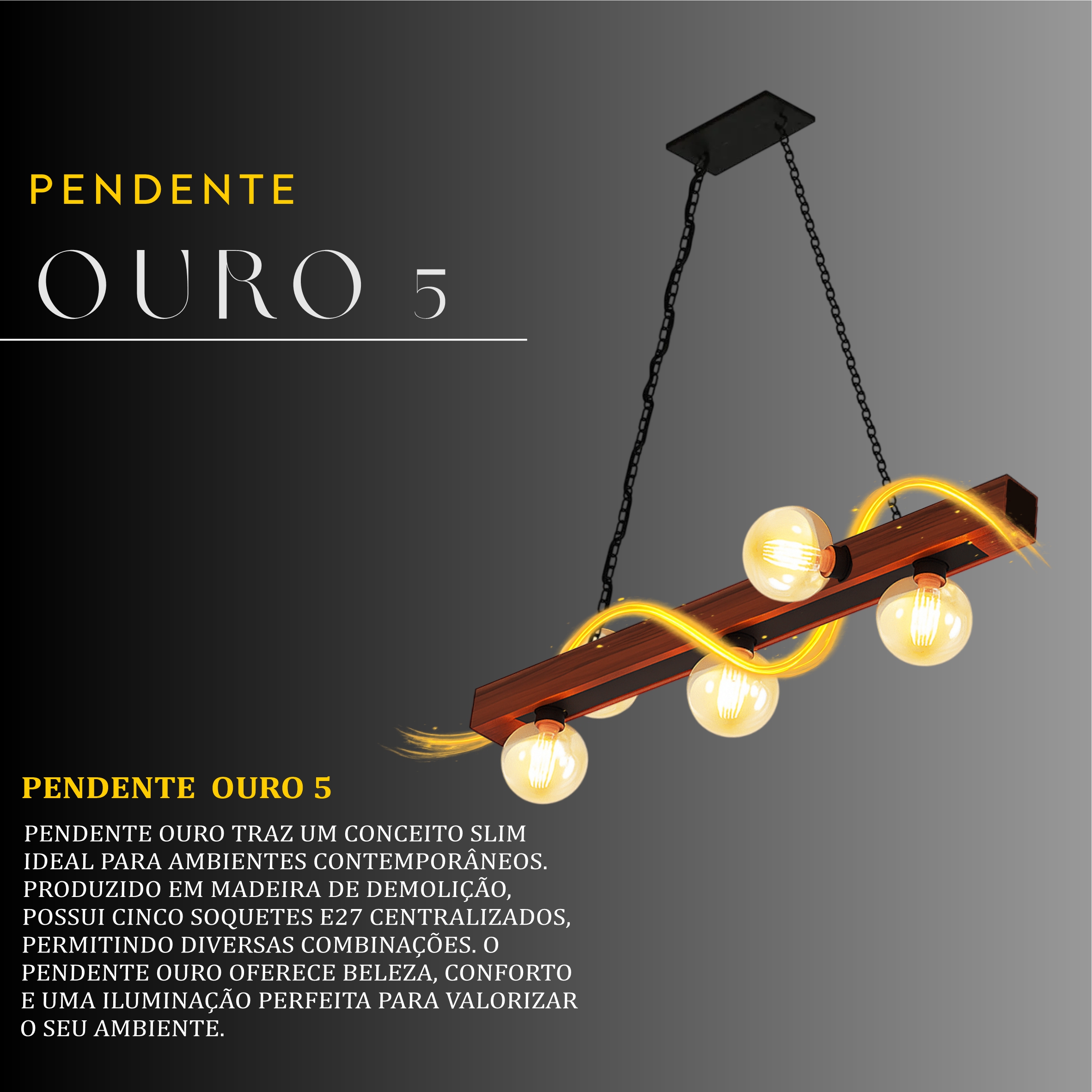 Pendente Ouro 5 Lâmpadas Rosca E27 de Madeira Maciça Rústica de Demolição