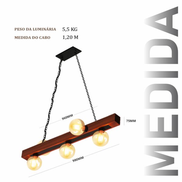 Pendente Ouro 5 Lâmpadas Rosca E27 de Madeira Maciça Rústica de Demolição - Imagem 3