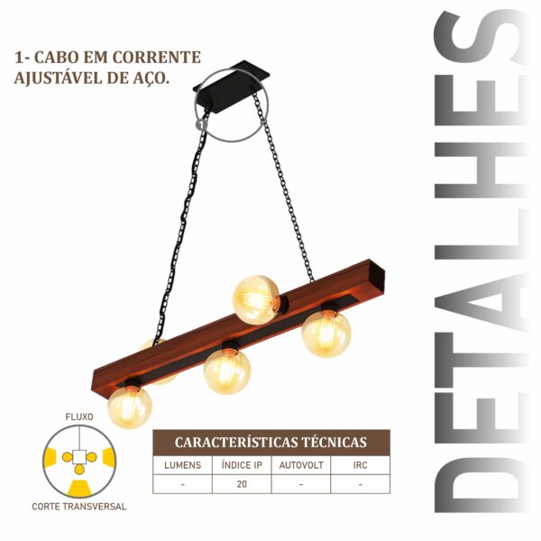 Pendente Ouro 5 Lâmpadas Rosca E27 de Madeira Maciça Rústica de Demolição - Imagem 4