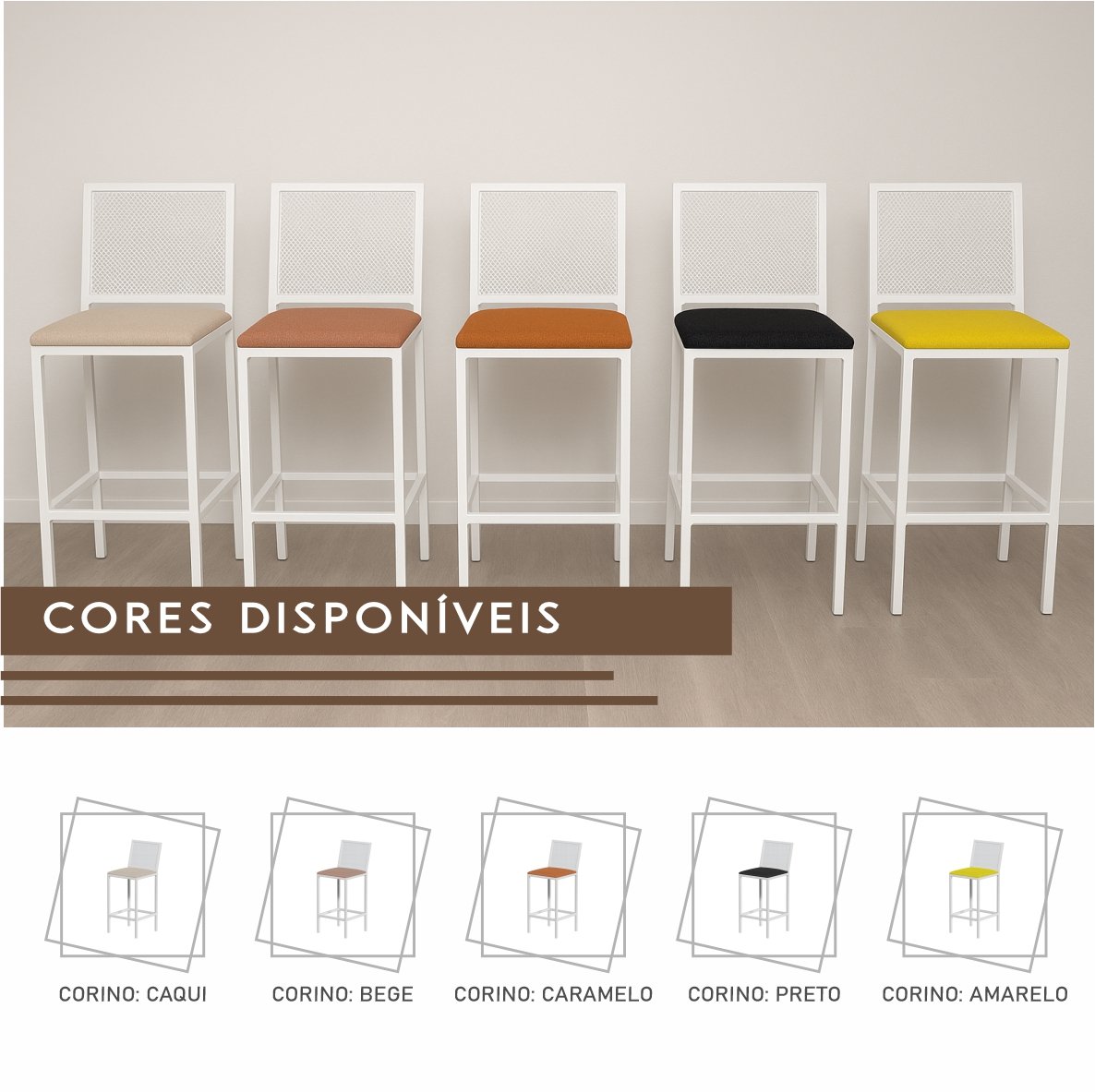 Banqueta Riade Branca com Corino de Aço com Pintura Eletrostática