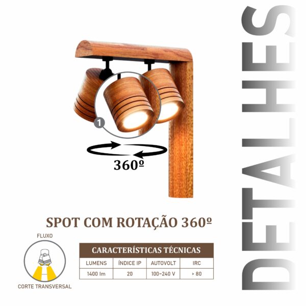 Arandela Dual Argel com Spot 2x7W 700LM BIV 3000K Madeira Maciça Rústica de Demolição - Imagem 4