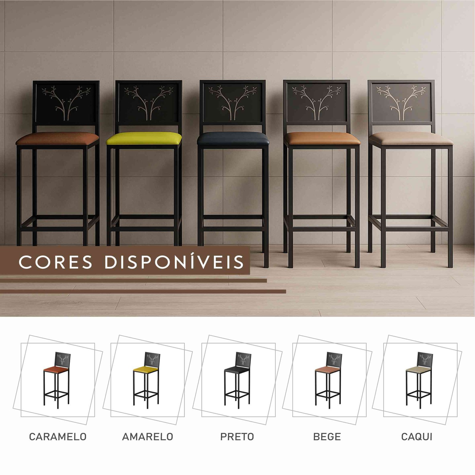 Banqueta Amsterdam de Aço com Pintura Eletrostática e Corino