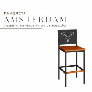 Banqueta Amsterdam de Aço com Pintura Eletrostática e Madeira Maciça de Demolição