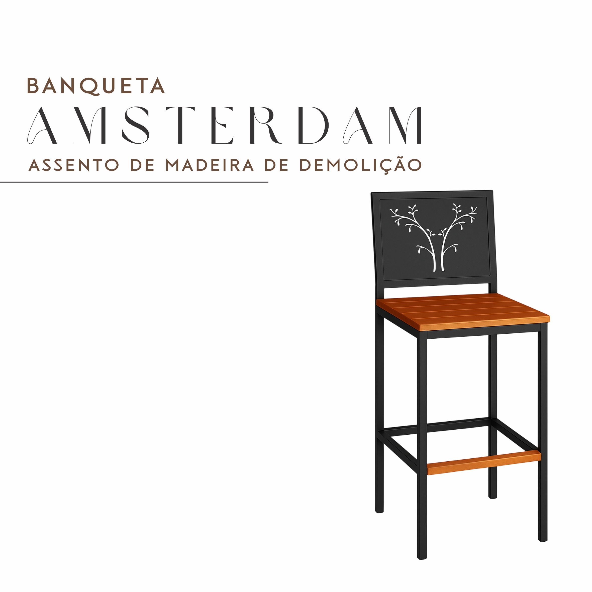 Banqueta Amsterdam de Aço com Pintura Eletrostática e Madeira Maciça de Demolição