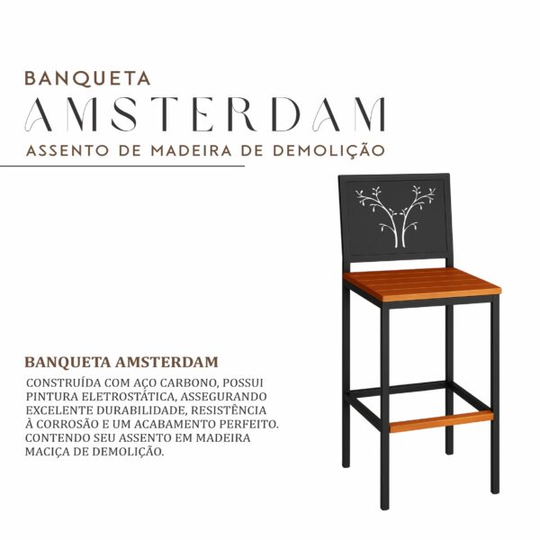 Banqueta Amsterdam de Aço com Pintura Eletrostática e Madeira Maciça de Demolição - Imagem 2