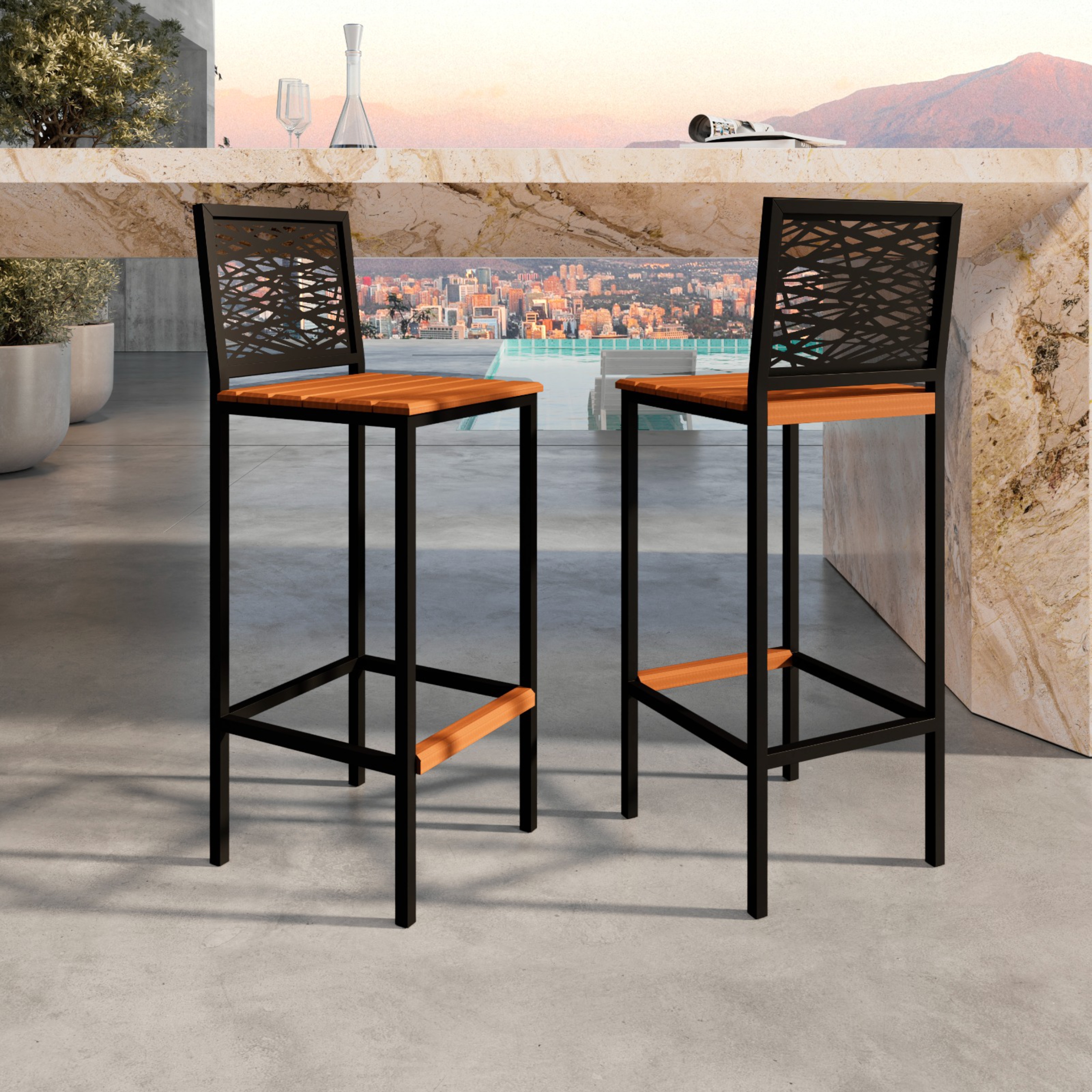 Banqueta Astana de Aço com Pintura Eletrostática e Madeira Maciça de Demolição