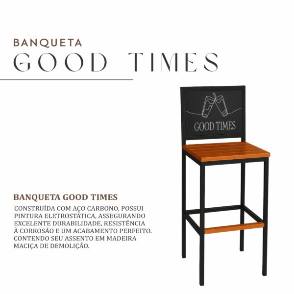 Banqueta Good Times de Aço com Pintura Eletrostática e Madeira Maciça de Demolição - Imagem 2