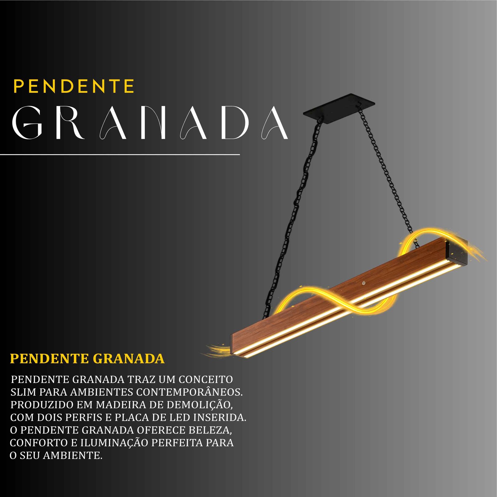 Pendente Led Granada Corrente 36w 4000lm Bivolt de Madeira Maciça Rústica de Demolição