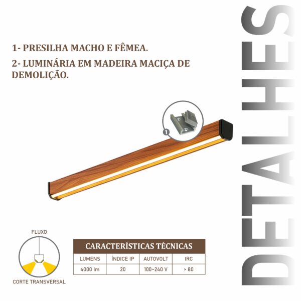Luminária Led Jade 36w 4000lm Bivolt de Madeira Maciça Rústica de Demolição - Imagem 4