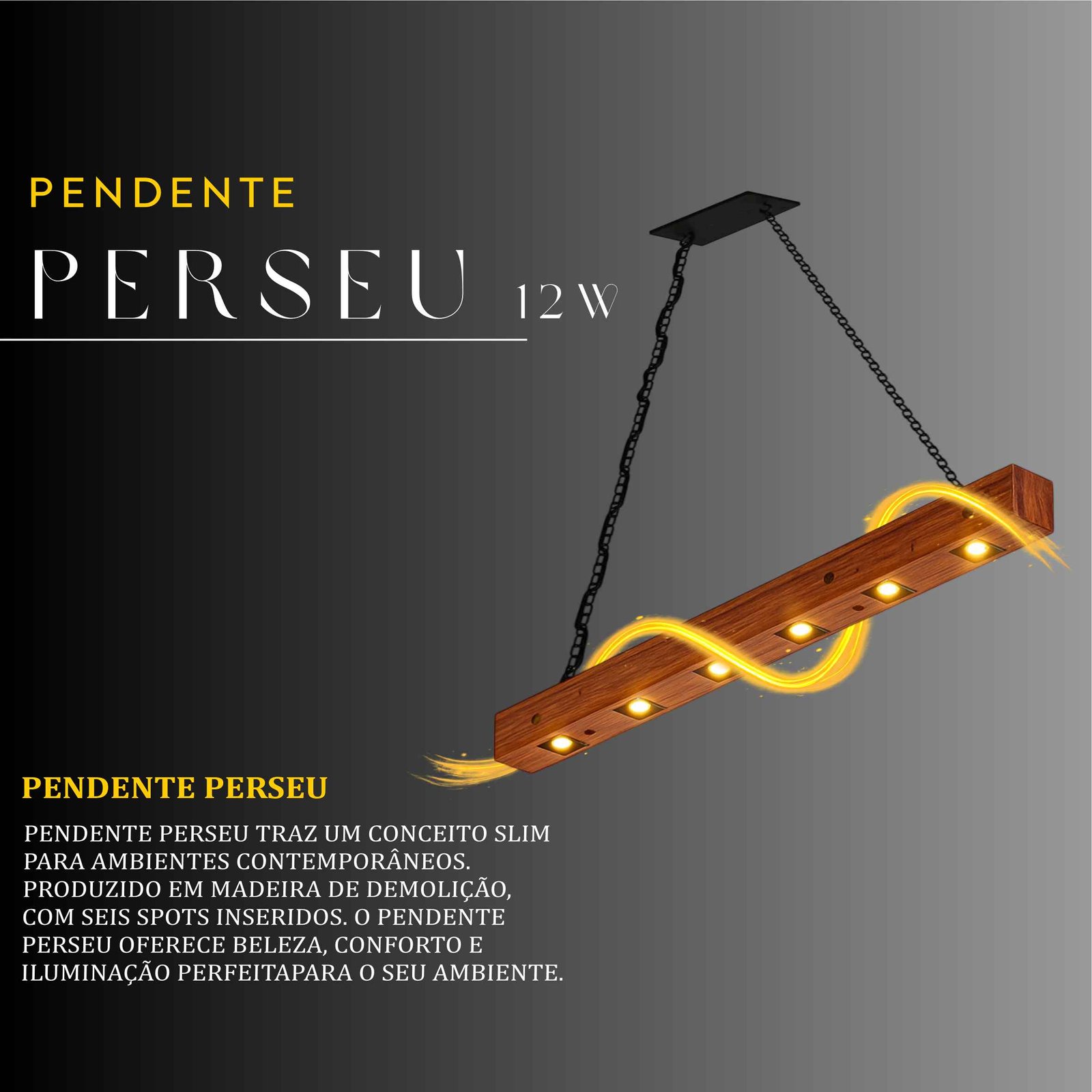 Pendente Perseu Corrente 12w Bivolt de Madeira Maciça Rústica de Demolição
