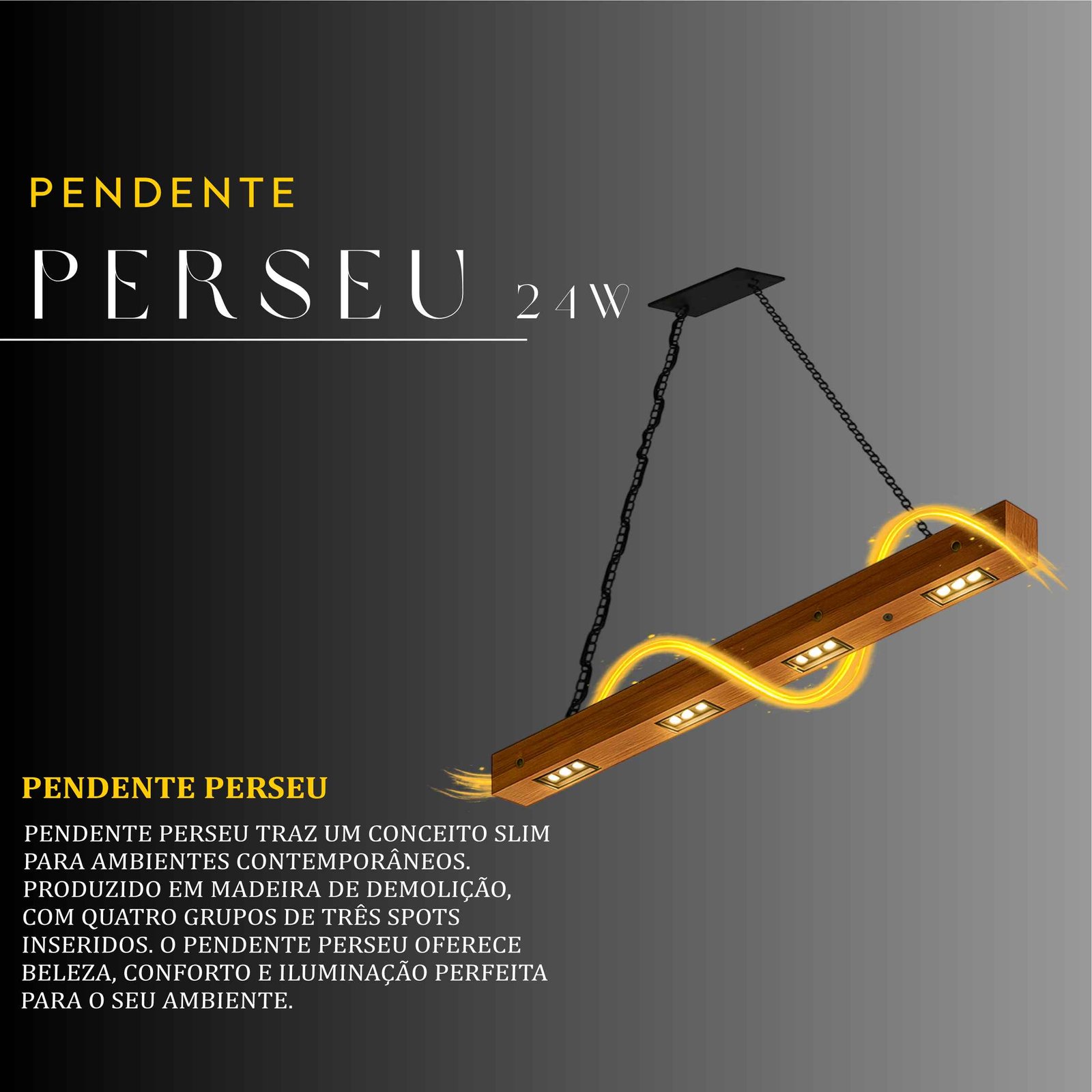 Pendente Perseu Corrente 24w Bivolt de Madeira Maciça Rústica de Demolição