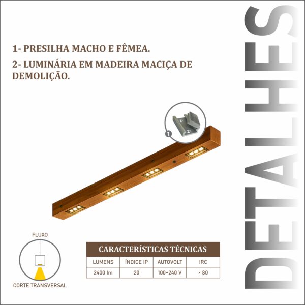 Luminária Perseu 24w Bivolt de Madeira Maciça Rústica de Demolição - Imagem 4