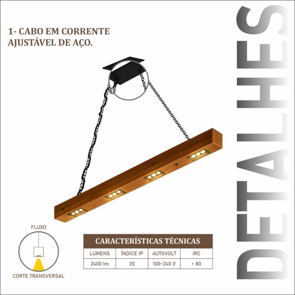 Pendente Perseu Corrente 24w Bivolt de Madeira Maciça Rústica de Demolição - Imagem 4