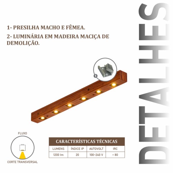 Luminária Perseu 12w Bivolt de Madeira Maciça Rústica de Demolição - Imagem 4