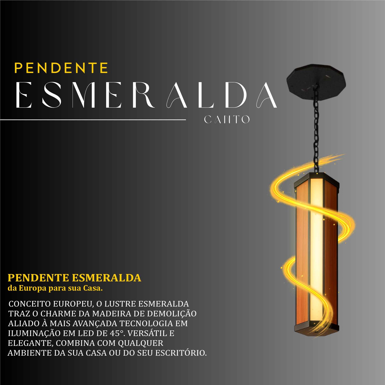 Pendente Led Esmeralda Canto Corrente 36w 4000lm Bivolt de Madeira Maciça Rústica de Demolição