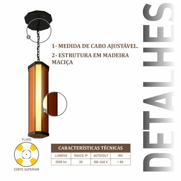 Pendente Led Esmeralda Canto Corrente 36w 4000lm Bivolt de Madeira Maciça Rústica de Demolição - Imagem 4