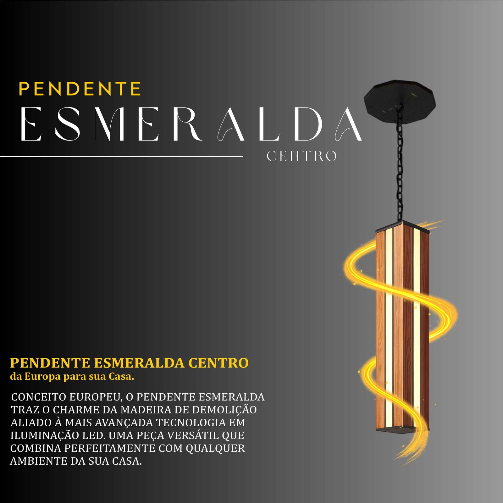 Pendente Led Esmeralda Centro Corrente 36w 4000lm Bivolt de Madeira Maciça Rústica de Demolição