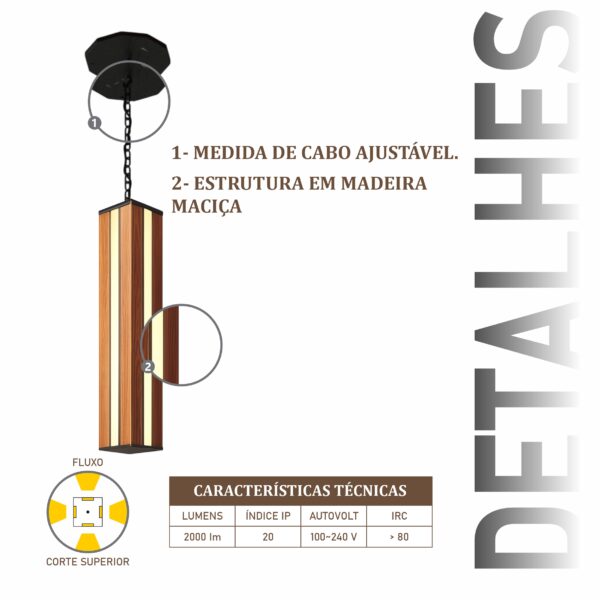 Pendente Led Esmeralda Centro Corrente 36w 4000lm Bivolt de Madeira Maciça Rústica de Demolição - Imagem 4