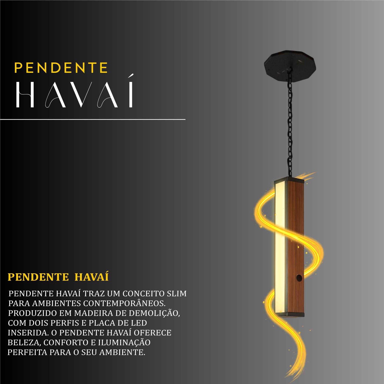 Pendente Led Havaí Cabo Corrente 36w 4000lm Bivolt de Madeira Maciça Rústica de Demolição