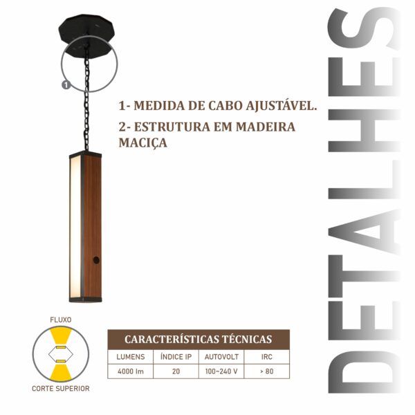 Pendente Led Havaí Cabo Corrente 36w 4000lm Bivolt de Madeira Maciça Rústica de Demolição - Imagem 4