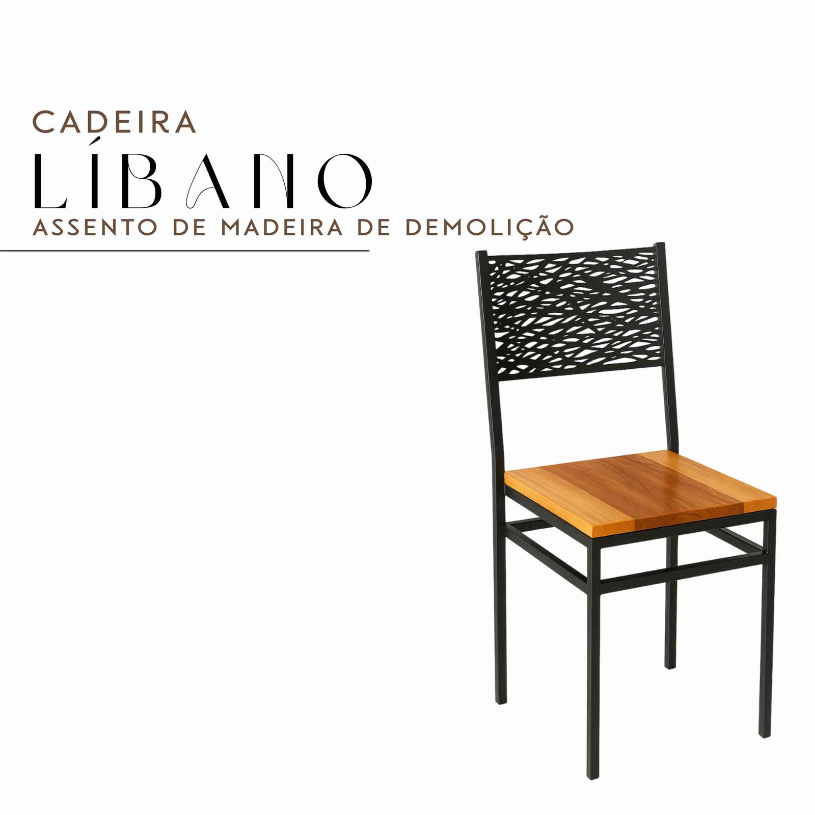 Cadeira Líbano em Aço com assento em Madeira Maciça Rústica de Demolição