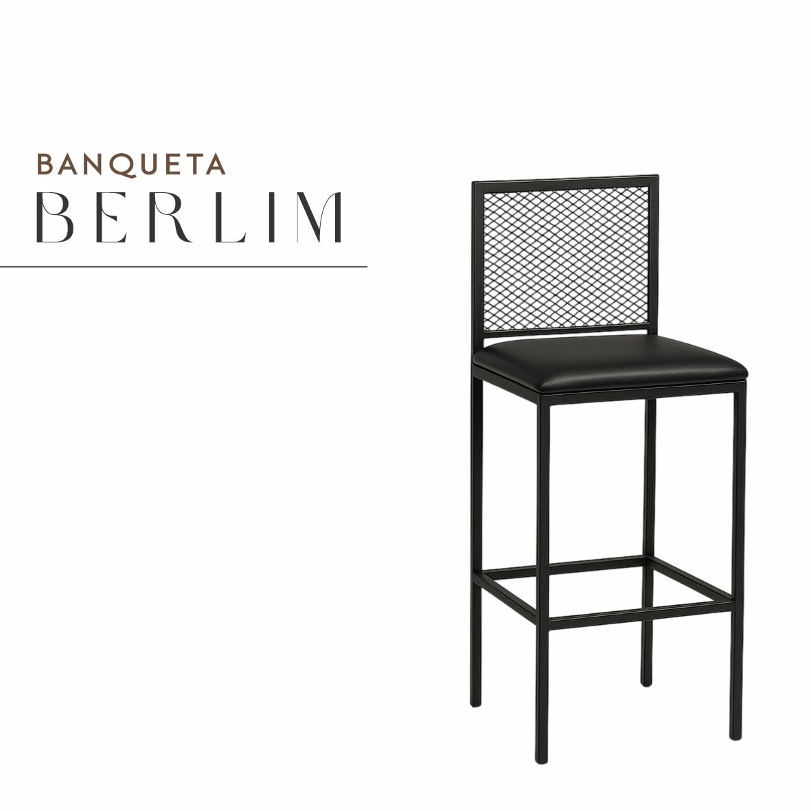 Banqueta Berlim Preta Corino Preto de Aço com Pintura Eletrostática