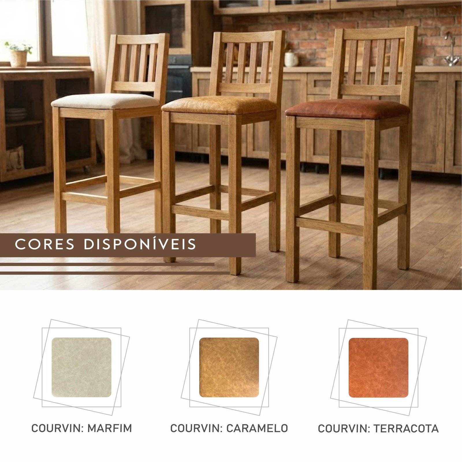 Banqueta Israel Luxo Assento de Courvin e Madeira Maciça Rústica de Demolição